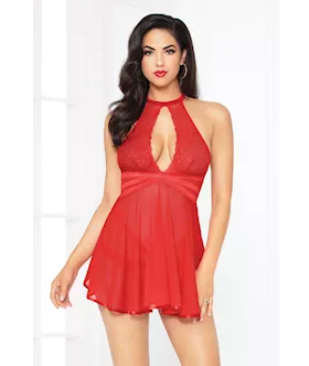 Lace Mesh Babydoll W/strappy Waist & Panty W/criss Cross Waistband Red Md