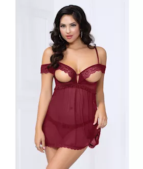 Lace & Mesh Open Cups Babydoll W/fly Away Back & Panty Wine Xl