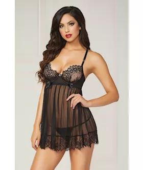Eyelash Galloon Lace & Mesh Babydoll & Thong Black Lg