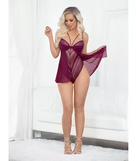 European Lace Teddy Babydoll Wine Lg