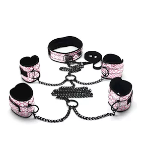 Spartacus Faux Leather Collar To Wrist & Ankle Restraints Bondage Kit W/leash - Pink