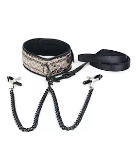 Spartacus Faux Leather Collar & Leash W/black Nipple Clamps - Gold