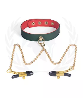 Spartacus Pu Collar W/nipple Clamps - Green