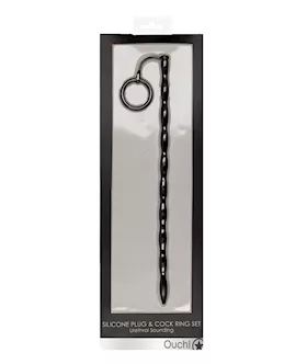 Shots Ouch Urethral Sounding Silicone Plug & Cock Ring Set - Black