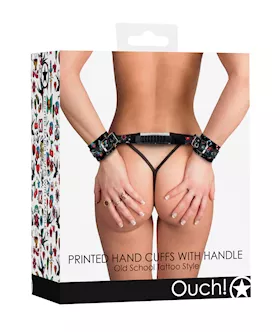 Shots Ouch Old School Tattoo Style Printed Handcuffs W/handle - Black