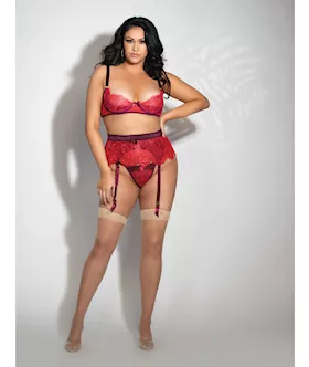 Eyelash Lace Underwire Bra, Garter Skirt & G-string Red 3x/4x