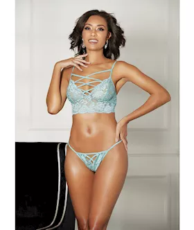 Strappy Lace Bra And & Thong Mint Lg