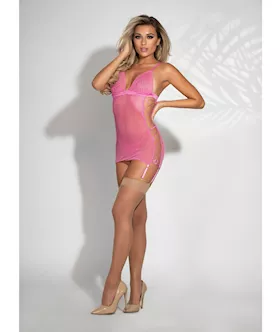 Lace & Mesh Side Gartered Chemise & G-string Pink O/s