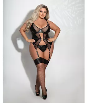 Lame & Net Cami W/attached Garters & G-string Black 3x/4x