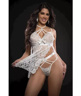 Lace Halter Babydoll W/high Waist Strappy Panty White O/s
