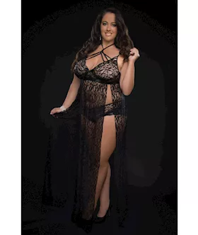 Lace Night Gown W/lace Panty Black Qn
