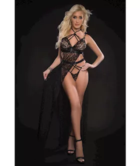 Lace Night Gown W/high Waist Strappy Panty Blackout O/s