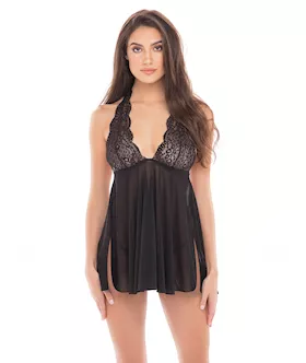 Rene Rofe Dolled Up Halter Chemise & G-string Black S/m
