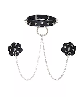 Neva Nude Burlesque Slave 4 U Chain Neck Choker Leather Reusable Silicone Pasties - Black O/s