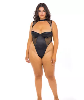 Josephine High Leg Teddy W/removable Fishnet Collared Harness Black 3x