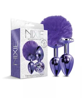 Nixie Metal Butt Plug Set W/jewel Inlaid & Pom Pom - Purple Metallic
