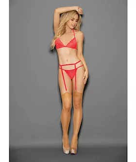 Euphoria Tri Top Bra, Garterbelt, G-string & Hose Blazing Coral O/s