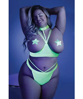 Glow Black Light Harness Open Shelf Bra & Cage Thong (Pasties Not Included) Neon Lemon Qn