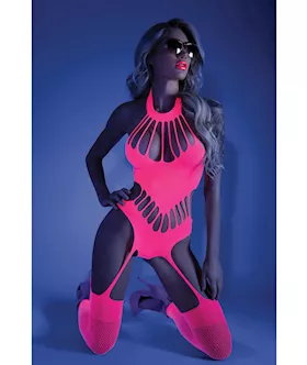 Glow Black Light Footless Teddy Bodystocking Neon Pink O/s