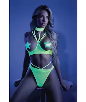 Glow Black Light Harness Open Shelf Bra & Cage Thong (Pasties Not Included) Neon Lemon M/l