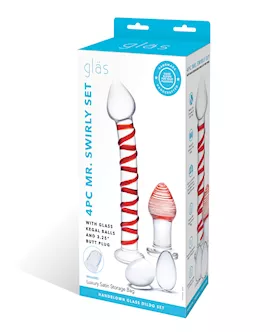 Glas 4 Pc Mr. Swirly Set W/glass Kegel Balls & 3.25" Butt Plug - Red