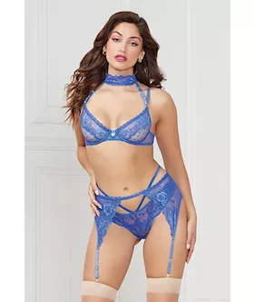 Demi Bra W/removable Collar, Garter Belt & Thong Blue Md