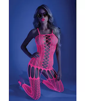 Glow Black Light Criss Cross Paneled Bodystocking Neon Pink O/s