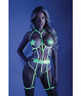 Glow Black Light Embroidered Cupless Garter Teddy (Pasties Not Included) Neon Chartreuse S/m