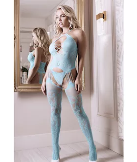 Sheer Fantasy Halter Neck Floral Lace Gartered Bodystocking & Panty Light Blue O/s