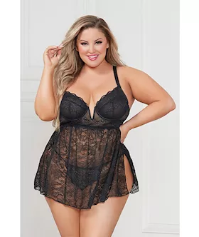 Stretch Lace Babydoll W/underwire Cups & G-string Black 1x/2x