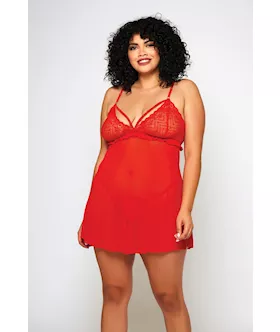 Galloon Lace & Fine Mesh Babydoll & G-string Red 3x