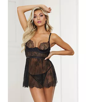Lace & Satin Babydoll & Panty Black Xl