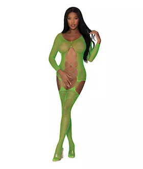 Seamless Fishnet Gartered Catsuit Lime O/s