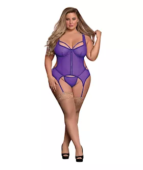 Sheer Mesh Merry Widow & Crotchless G-string Purple Qn