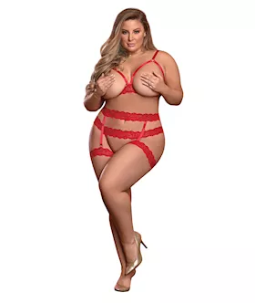 Risqu&eacute; Business Cupless Bra, Garter & Crotchless Panty Red Qn