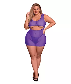 Sheer Mesh Underboob Dress & Crotchless G-string Purple Qn