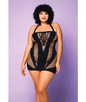 Heart Of Chaos Seamless Chemise W/halter Strap & Vertical V Cut Outs Black Qn