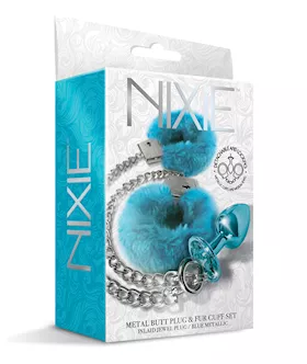 Nixie Metal Butt Plug W/inlaid Jewel & Fur Cuff Set - Blue Metallic