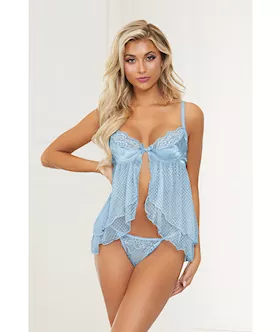 Satin Jacquard Dot Mesh Scallop Lace Babydoll & G-string Blue Xl