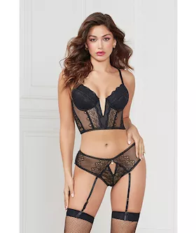 Stretch Lace Cropped Bustier & Cheeky Panty Black Md