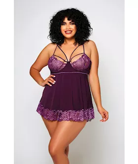 Cross Dye Lace & Microfiber Babydoll & G-string Purple 2x