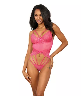 Stretch Lace W/underwire Cups & Strap Thong Detail Teddy Hot Pink Lg