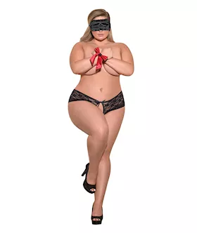 Love & Bondage Split Back Lace Booty Short, Blindfold & Wrist Ties Black Qn