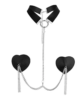 Nipplicious Dominatrix Leather Collar & Pasties W/chain - Black