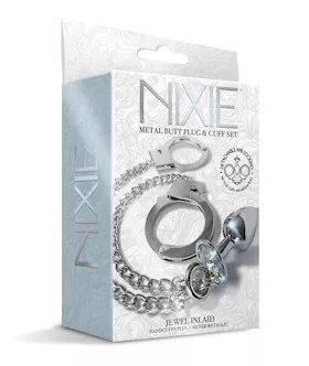 Nixie Metal Butt Plug W/inlaid Jewel & Fur Cuff Set - Silver Metallic
