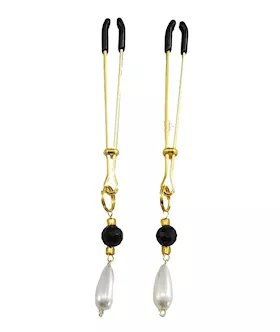 Bijoux De Nip Tweezer Nipple Clamp W/black & Gold Beads W/pearl - Gold