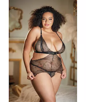 Allure Lace Peek A Boo Chemise & Ouverte G-string Black Qn