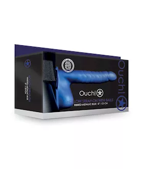 Shots Ouch 8" Ribbed Hollow Strap On W/balls - Metallic Blue