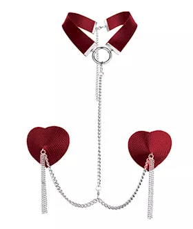 Nipplicious Dominatrix Leather Collar & Pasties W/chain - Red