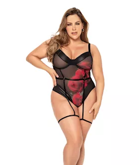 Underwire Teddy W/attached Garter Straps & Hook & Eye Crotch Closure Black/red 1x/2x